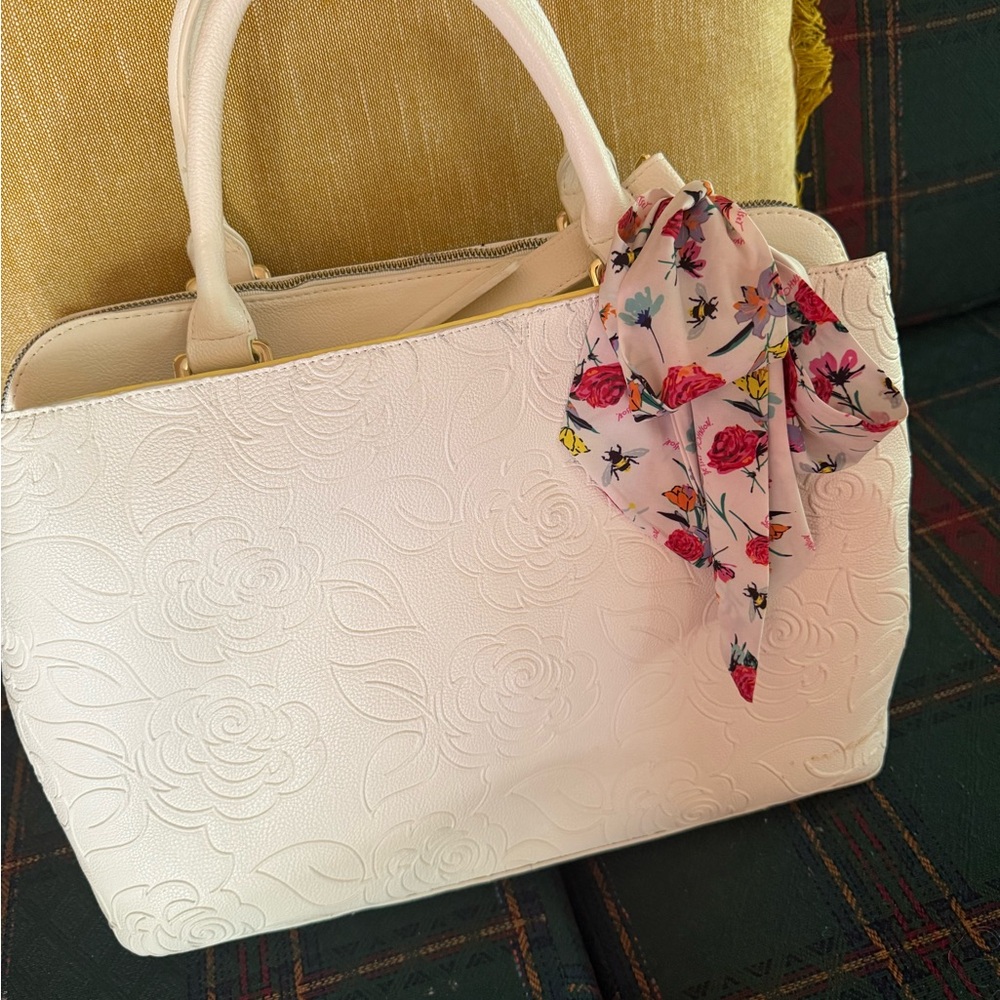 Betsey Johnson White Floral-Embossed Satchel with Pink Floral Scarf